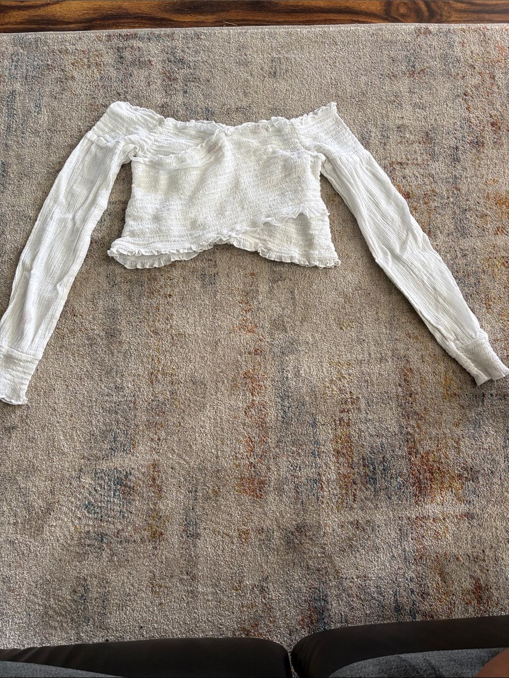 VENUS White Off-Shoulder Smocked Long-Sleeve Crop Top
